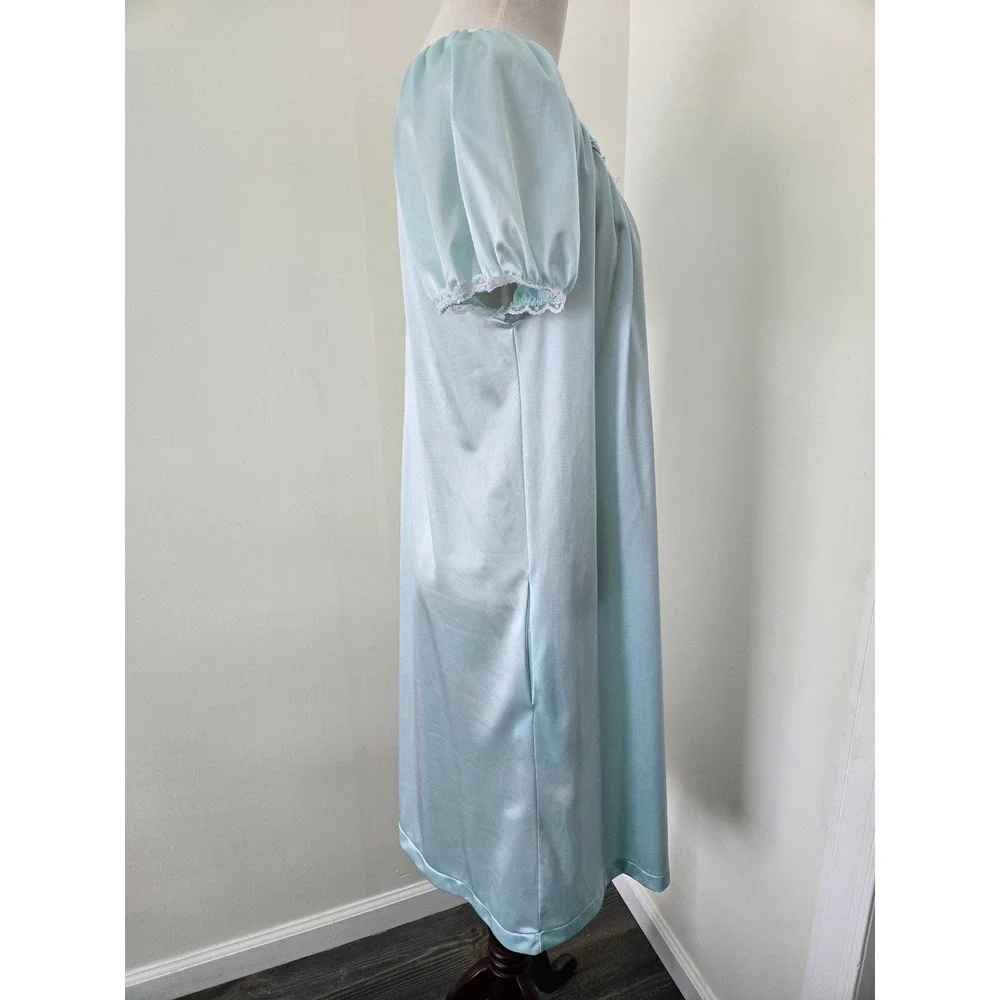 Vtg Vandemere Mint Green Button Front Nightgown Lace Floral Puff Sleeve S Nylon